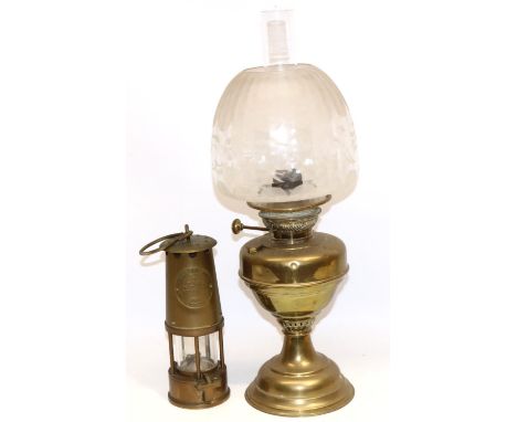 Brass oil lamp with chimney and etched glass shade, H53cm, and a Protector Lamp and Lighting Co Eccles Type 6 safety lamp, H2