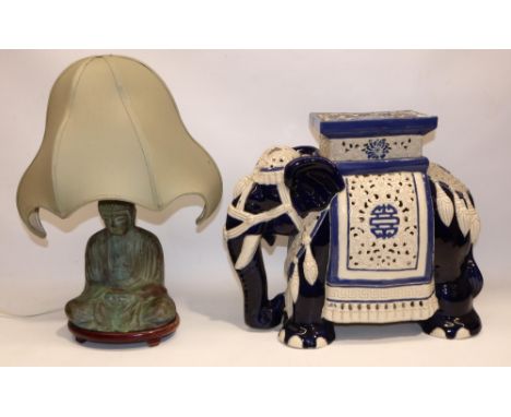 Late C20th Chinese ceramic elephant garden stool or plant stand, H41cm; and a verdigris finish brass table lamp in the form o