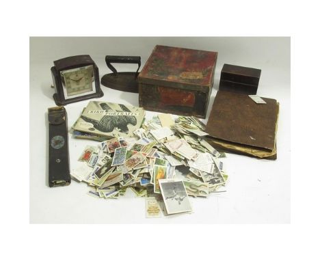 Bakelite Smiths Sectric mantle clock, collection of loose and in albums cigarette cards, Peak Treens biscuit tin, etc. 