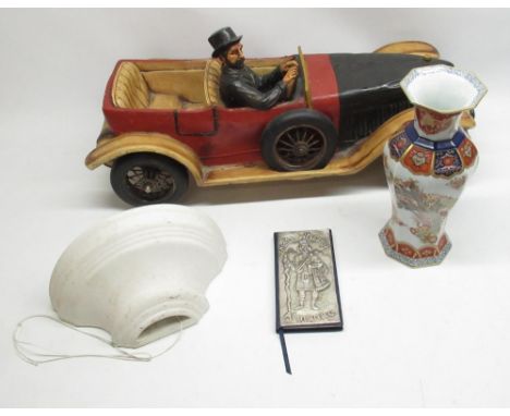 Vista Allegre c20th oriental style vase, large wooden model of man in car, wall light sconce, Wallace Milroys Malt Whisky Alm