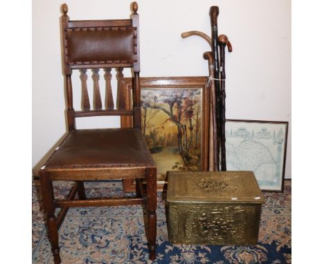 Oak dining chair, five walking sticks, oil painting of a river scene signed R. Dudley, brass embossed coal box, and a map of 