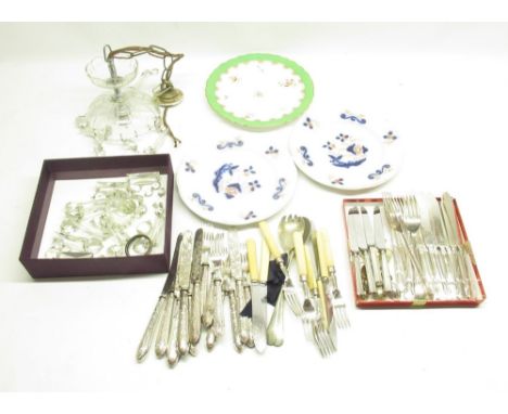 Multiple glass drop light fitting, large mixed collection of cutlery and a green rimmed Coalport plate with 2 other plates 