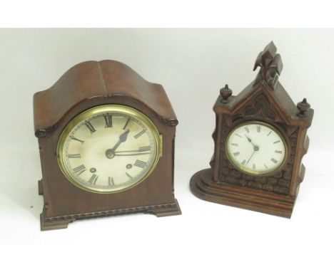 Late C19th Gothic Revival oak mantel time piece with white enamel Roman dial H26cm and early C20th mahogany 8 day striking ma