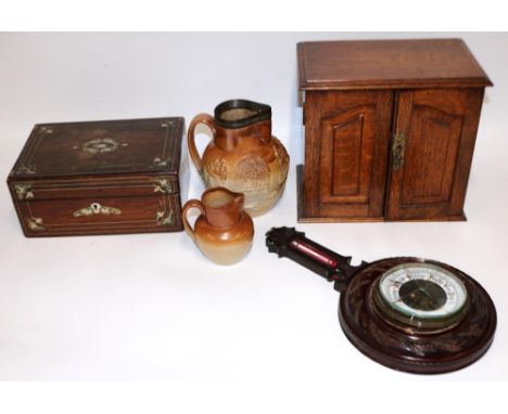 Early C20th table top oak smoker's cabinet, H25cm; workbox with mother of pearl inlay; two C19th salt glazed jugs, max. H18.5