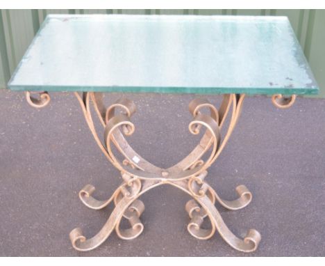 Mid-century console table, mirrored and textured glass rectangular top on painted wrought metal openwork scroll support, W89c