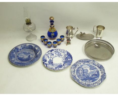 C20th Murano style Bristol Blue with gilt and enamel decoration decanter and 6 glasses, Beswick Chaffinch 991, B&amp;W 'Views