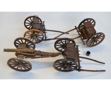 Large scale brass model cannon with three munitions carts, overall L38cm 