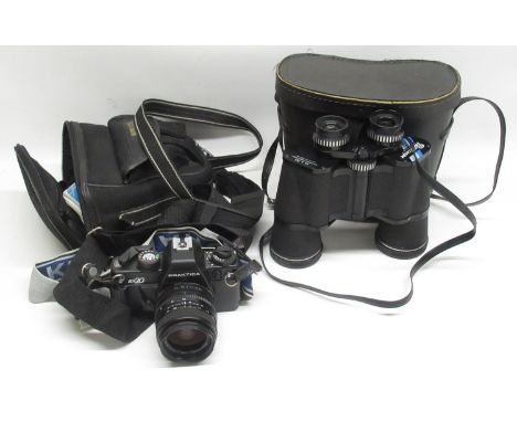 Praktica BX20 camera with black camera carry bag and cased pair of Pathescope 10 x 50 binoculars, (2)