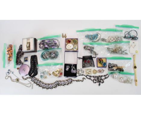 Selection of costume jewellery and watches incl. necklaces, earrings, brooches together with a small selection of enamel badg