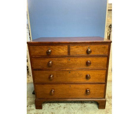 George 1V mahogany chest of two short and three long drawers with turned wood handles on bracket feet, W94cm D51cm H92cm