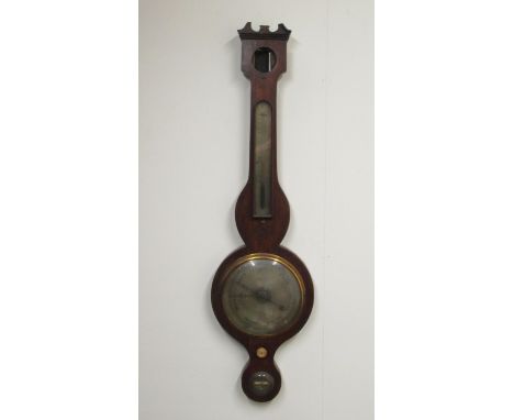 C19th mahogany wheel barometer with painted decoration, silvered dial, thermometer box and level. (lacking dry damp indicator