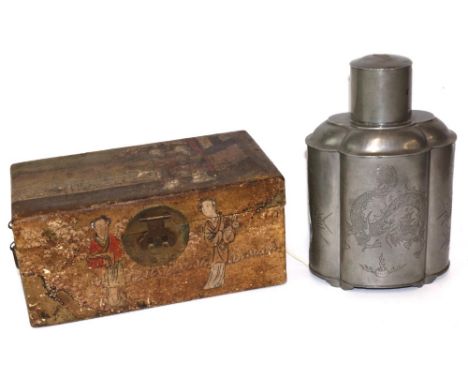 Chinese pewter tea caddy, by 'E Wo Loong Kee, Swatow', seal marks to base, decorated with dragons, H24cm; and a vellum covere