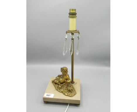 C20th gilt brass and marble table lamp, set with a cherub and facetted drops H38cm (A/F) 