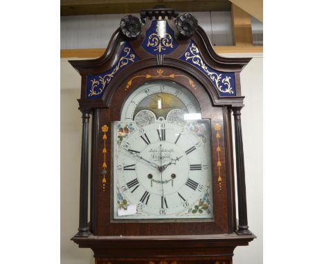 John Metcalf Liverpool - George 111 inlaid mahogany long case clock, signed arched painted 20in moonphase Roman dial with fru