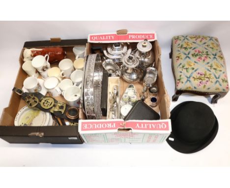 Collection of silver plates; commemorative ware; tapestry footstool; bowler hat, etc. (qty.) 