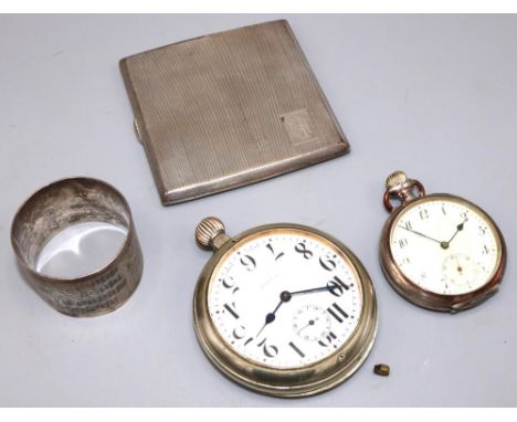 Swiss silver open face pocket watch, stepped white enamel Arabic dial with subsidiary seconds, case back stamped .800; Geo.V 