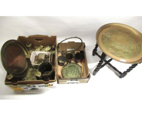 Collection of brassware, incl. two pieces of Cairo ware, Indian brass and enamel lassi cups, brass ornaments, and a folding t