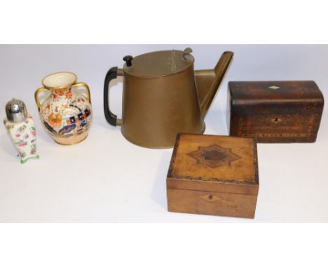 Large copper kettle, H22cm; twin handled Imari decorated Portland shape vase, A/F; Midwinter sugar sifter; and a tea caddy an