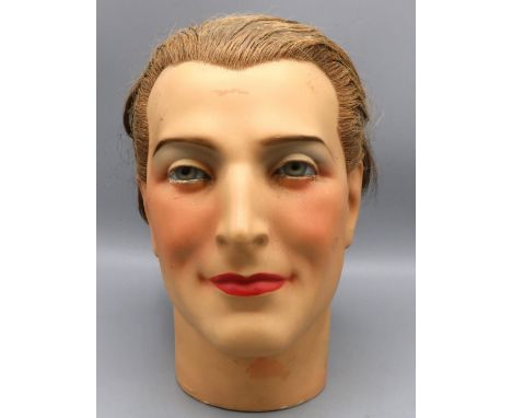 Early C20th male plaster mannequin head, with real hair, glass eyes and painted face, c1930s, H26cm 