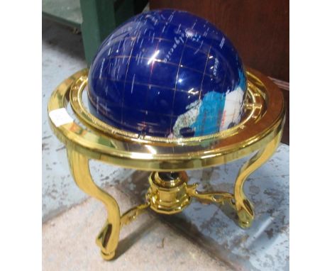 Table top globe set with semi precious stones, on brass stand with inset compass, H34cm 