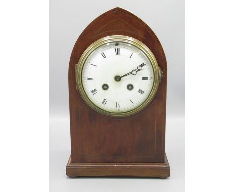 Samuel Marti early C20th mahogany mantle clock, inlaid lancet topped case on squat brass bun feet, white enamel Roman dial, s