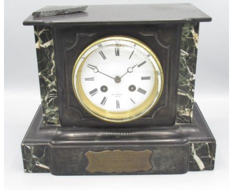 Hry. Marc Paris, C19th French slate and variegated marble mantle clock, stepped and moulded case with presentation plaque dat