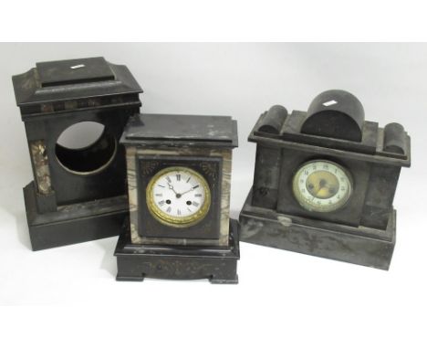 Japy Freres late C19th slate and variegated marble mantle clock, white enamel Roman dial, signed movement striking on a bell 