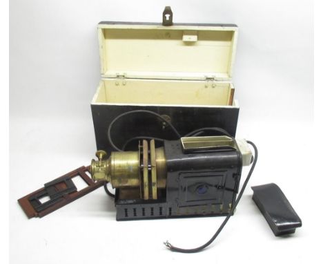 Early C20th brass and japanned magic lantern projector with original painted pine case L44cm (converted to electric) 