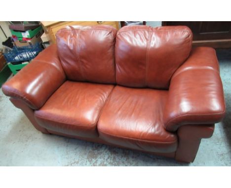 Modern brown leather two-seat sofa, on block feet, WS175cm D97cm H87cm 