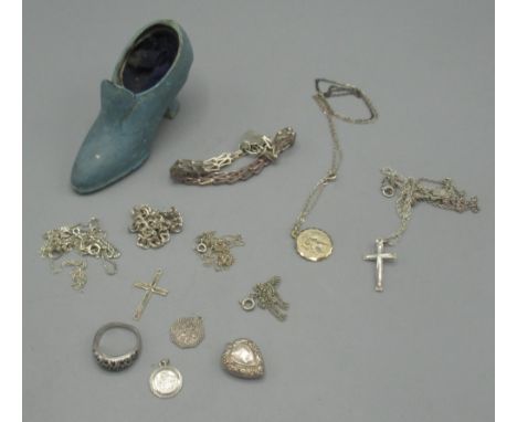 Silver jewellery including a bar gate bracelet with heart padlock clasp, three St. Christopher pendants etc. 38.8g,  three go