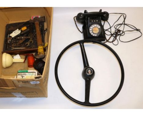 Austin Mini steering wheel, vintage car tool kit, black Bakelite model 164 telephone, etc. 