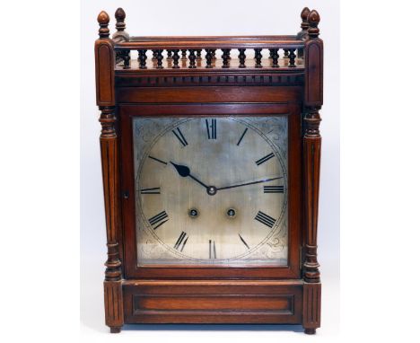 A. C - early C20th mahogany bracket clock, turned spindle gallery over dentil cornice and turned tapering fluted columns, sil