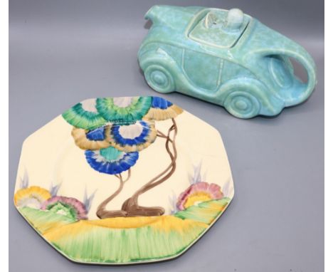 Clarice Cliff for Wilkinson Ltd - Bizarre 'Aurea' pattern plate, D22cm; and a Sadler racing car teapot in mottled blue/green 