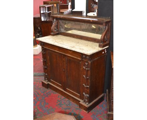 A rosewood mirror back chiffonier, pierced three quarter brass gallery, S shaped supports, varigated grey marble top, long dr