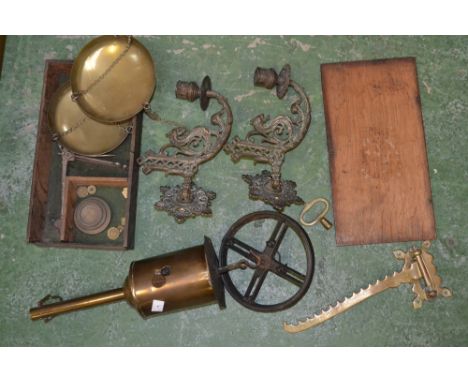 A Nicholl Haddon cased scales and weights; a brass meat jack; a pair of brass wall/piano candle sconces.