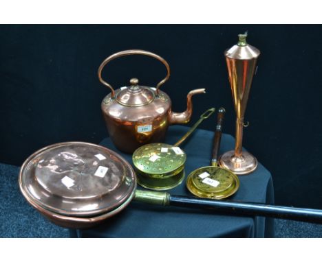 A copper warming pan with turned treen handle; a copper kettle; a miniature brass warming pan; a brass chesnut roaster; a cop
