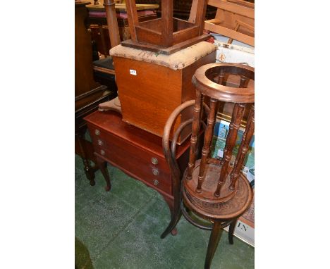 A small mahogany chest of drawers/ canteen- fitted interior, cabriole legs. a bentwood chair, stool with textile top oak stoo