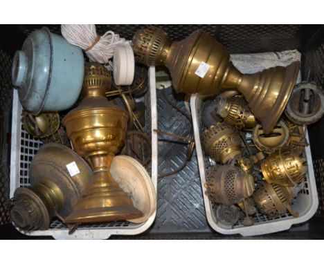 A brass oil lamp; others; parts and accessories, burners; reservoirs; wicks; qty (1 box)