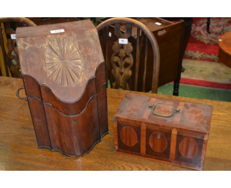 A George III satinwood and mahogany rectangular tea caddy, hinged cover with brass swan neck handle, veneered overall with ov