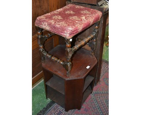 An early 20th century oak stool; a two tier occasional table(2)