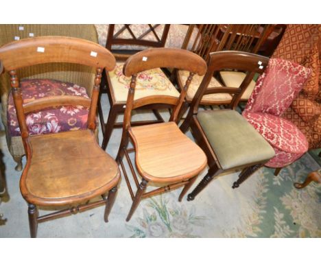 A George III mahogany bar back dining chair, curved top rail, padded seat, rope twist forelegs; two late Victorian mahogany h