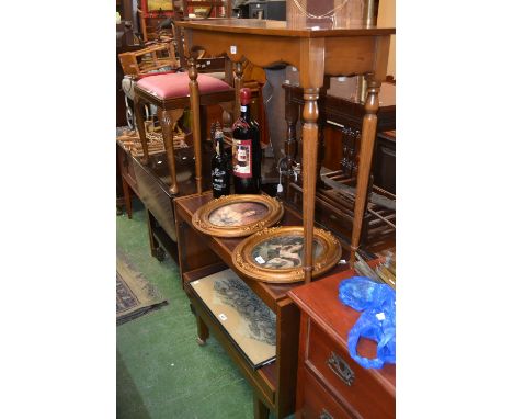 A metamorphic tea trolley/table; a dropleaf tea trolley; a hall table; a piano stool (4)