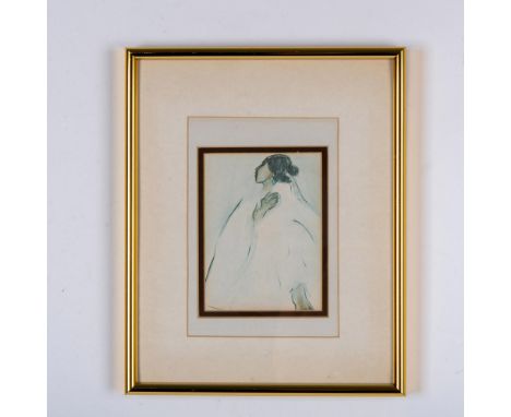 An offset print on paper after artist of the Navajo Nation, R.C. Gorman, depicting the side profile of a woman dressed in whi