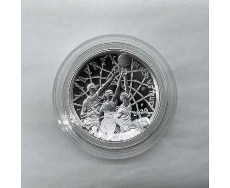 Philadelphia Mint. The obverse side depicts three plays reaching for the ball at the same time. The reverse side features a b