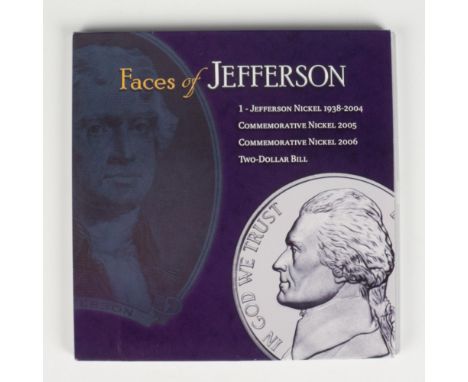 A comprehensive display celebrating all depictions of Thomas Jeffersons image, including the 1938-2004 nickel, 2005 nickel, 2
