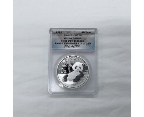 ANACS Slabbed. ANACS Certified 311 of 389. The obverse side the Temple of Heaven. The reverse side depicts a panda cub loungi