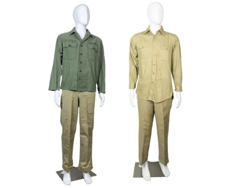 Two long-sleeve button down shirts with two pairs of pants and a canvas belt. One pair of beige pants measures 34" at the wai