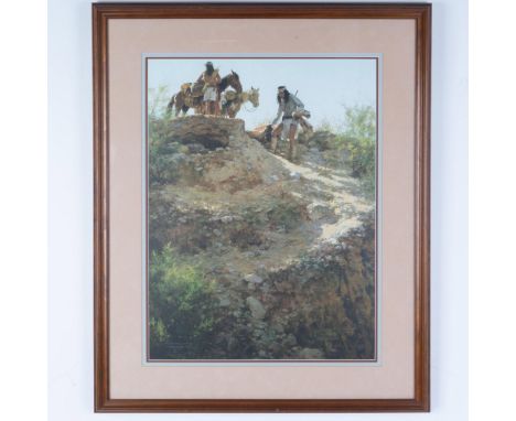 Limited edition color lithograph on paper entitled The Cache by American Western artist Howard Terpning who depicts Native Am