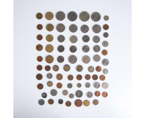 A diverse collection of 76 coins in gold, silver, and copper colors, from countries across the globe, including the United St