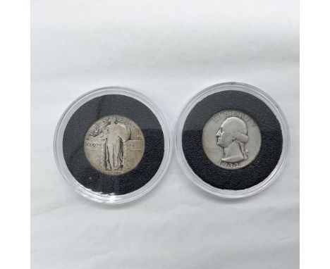 A set of two US quarters: 1930 Standing Liberty; and 1932 Washington Quarter. The Standing Liberty was issued from 1917 to 19